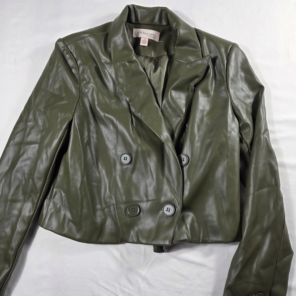 Philosophy Republic Clothing Olive Green Faux Leather Cropped Blazer Jacket 4 - Picture 2 of 7